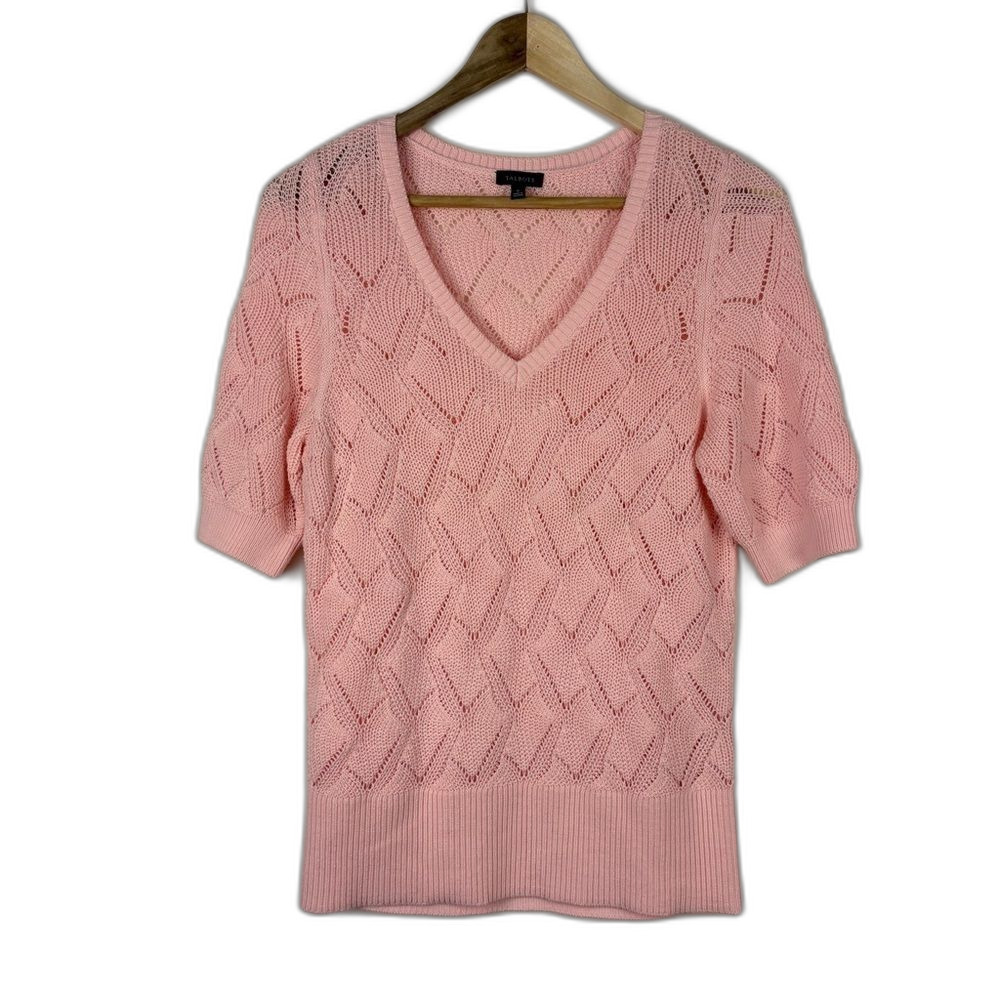 Talbots V-Neck Crochet Sweater Short Sleeve Pink Size Small Pointelle Coquette